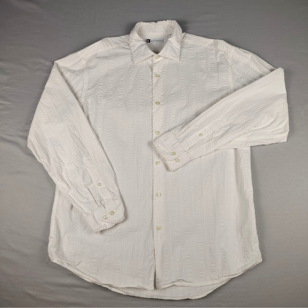 Bachrach Shirt Men's L White Seersucker Cotton Textured Button Down Long Sleeve